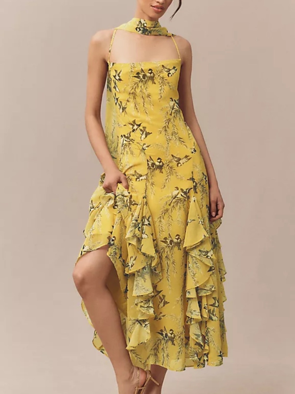 BHLDN Chiffon Cowl-Neck Cross-Back Ruffle Midi Dress